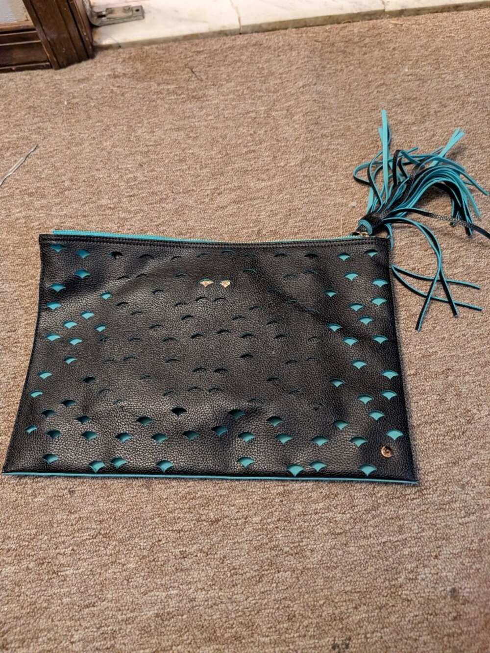 Deux Lux Black Turquoise Laser Cut Tassel Oversized Clutch Bag